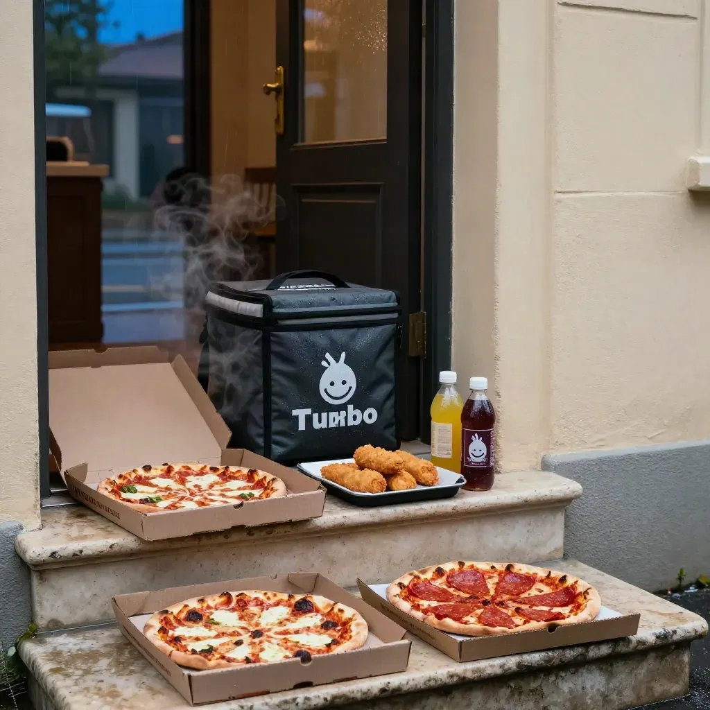 Consegna pizza su gradini bagnati davanti a una porta calda, con vapore e strada in pioggia.
