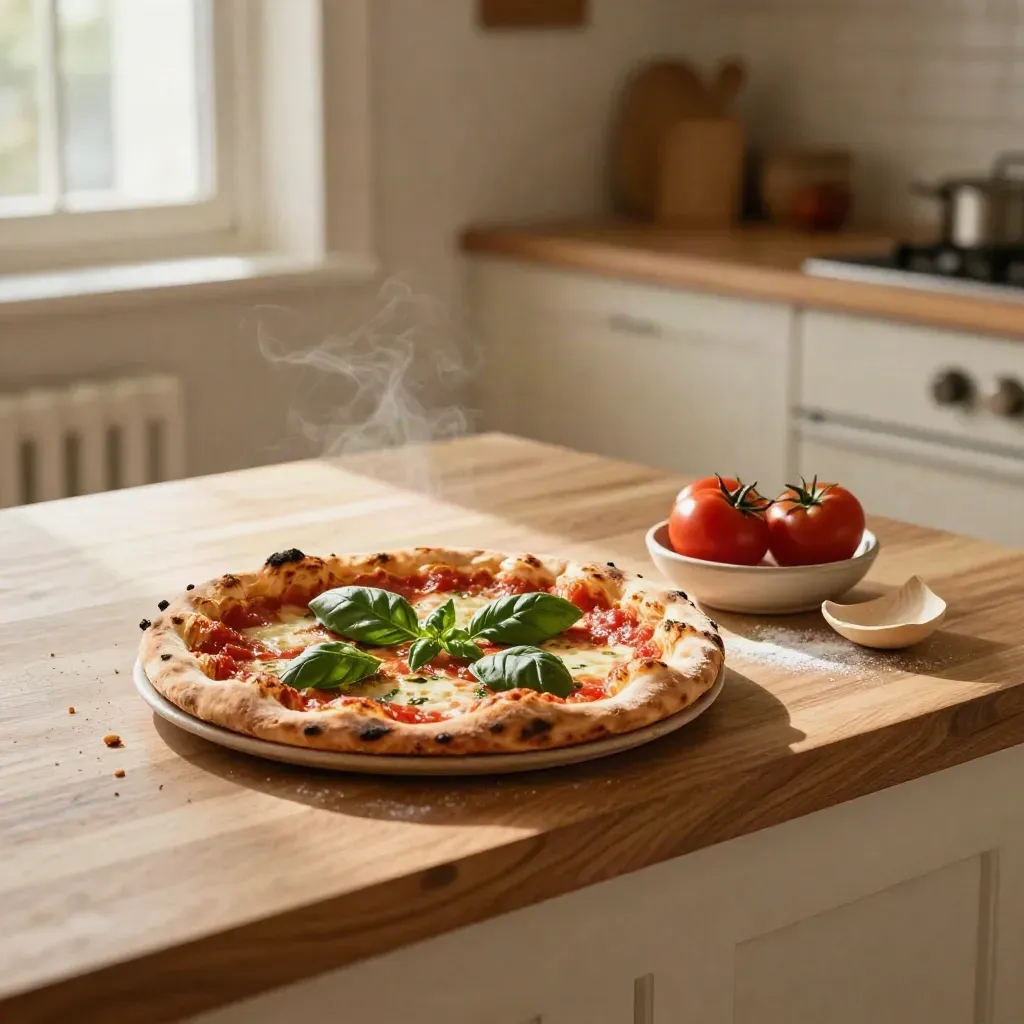 Pizza margherita su banco in legno con basilico, salsa di pomodoro e pala chiara.