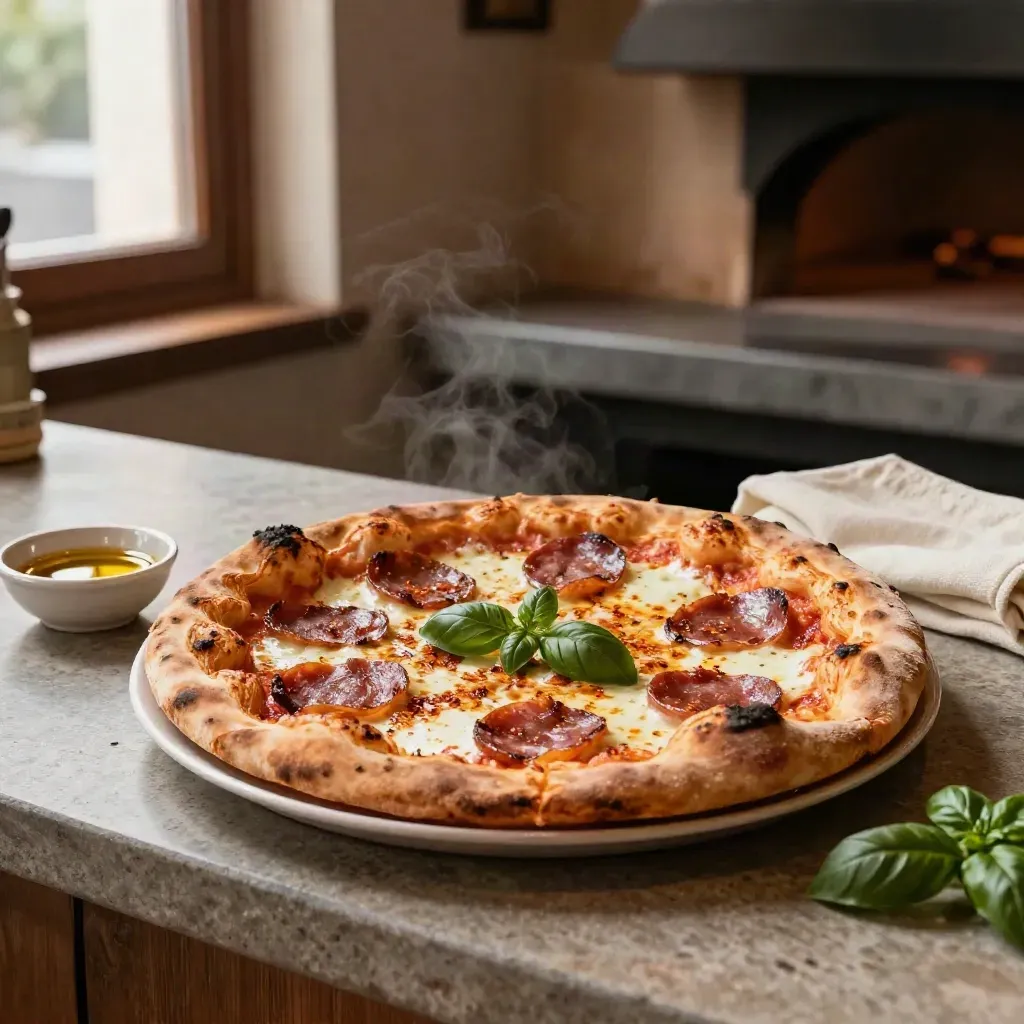 Pizza diavola fumante con salame piccante e olio in ceramica su banco di pietra