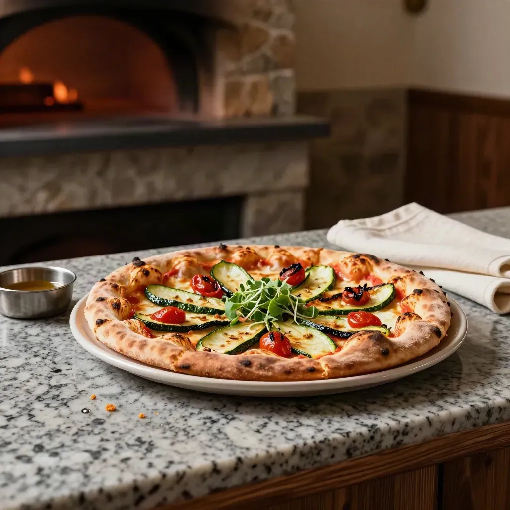 Pizza gourmet con verdure arrosto e microgreens su tagliere ceramico, in pizzeria calda.