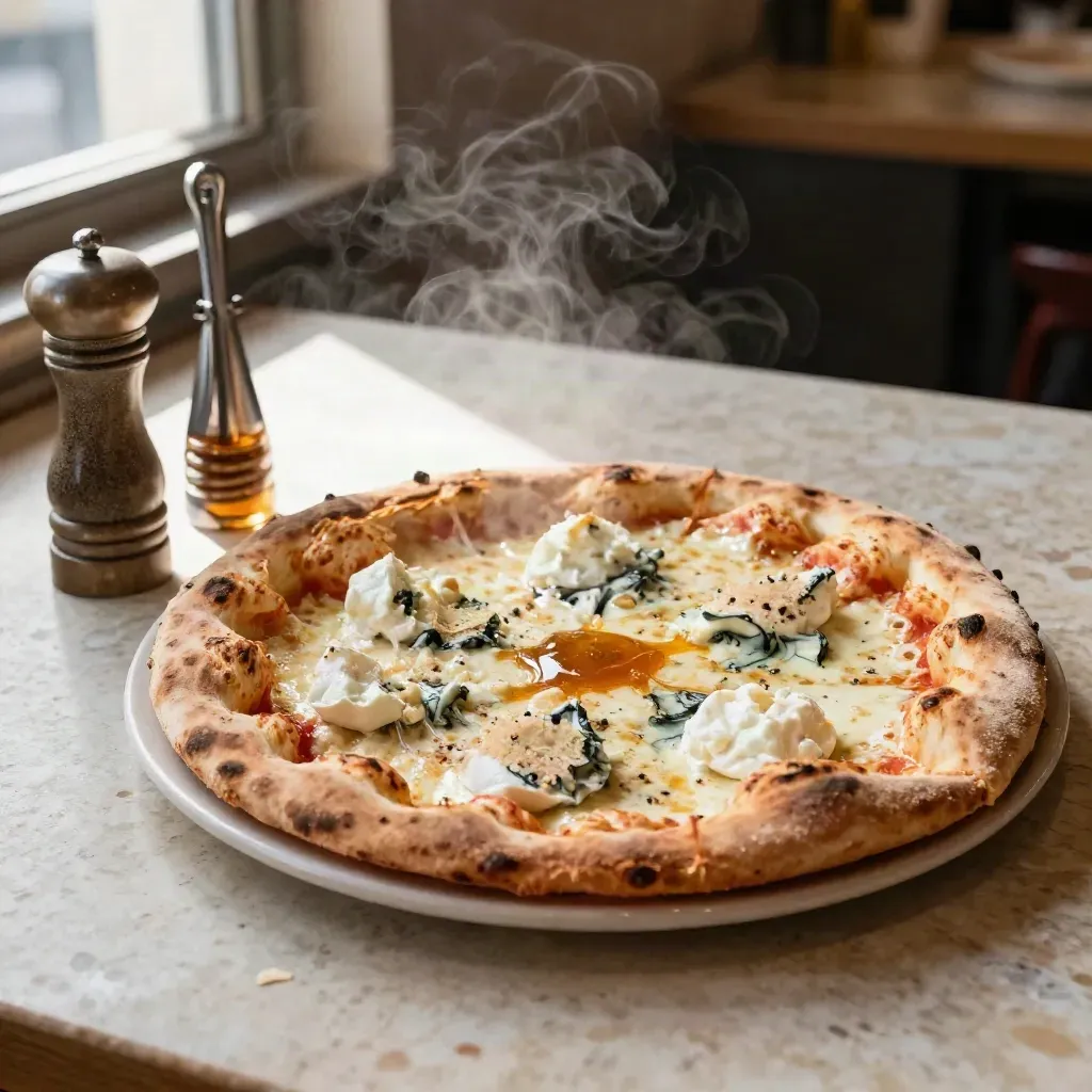 Pizza quattro formaggi fumante con miele e pepe su travertino chiaro.