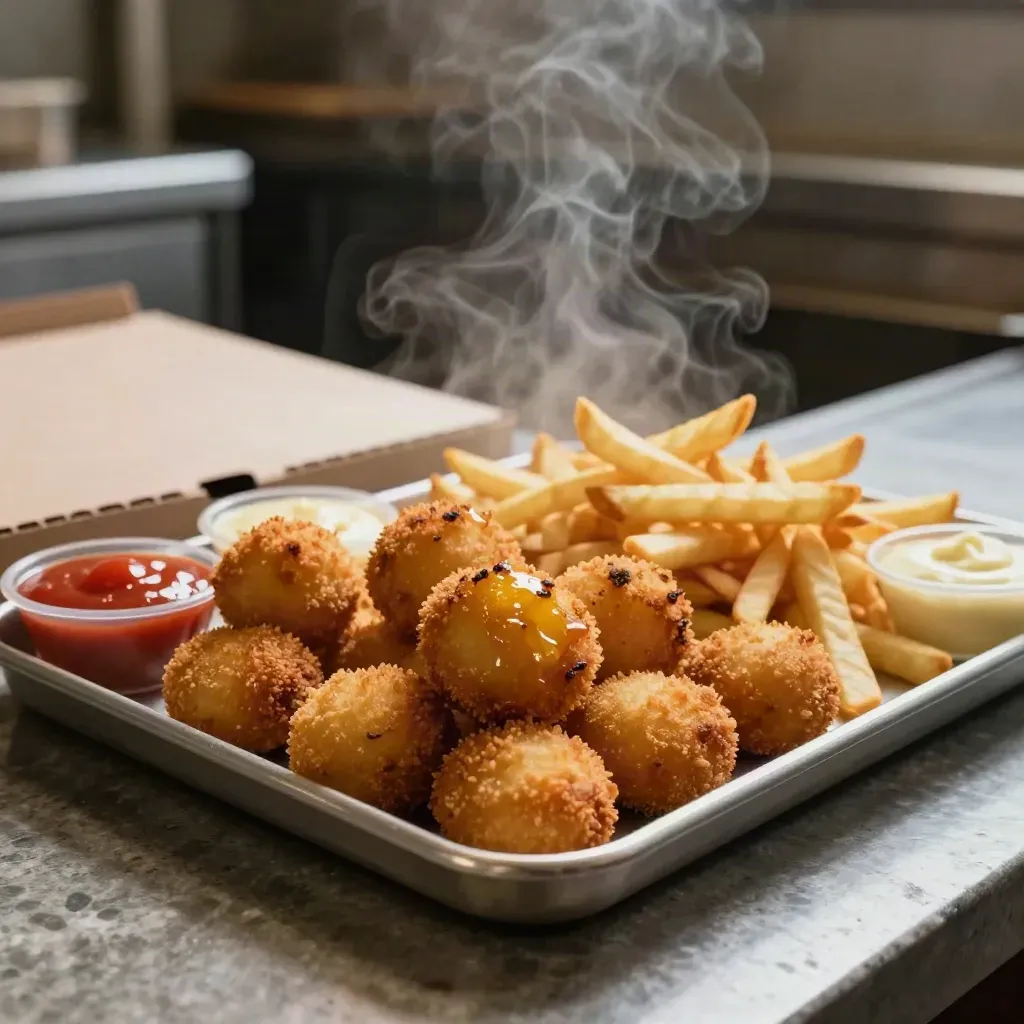Vassoio di fritti misti caldi con salse e scatola pizza su banco di pietra.