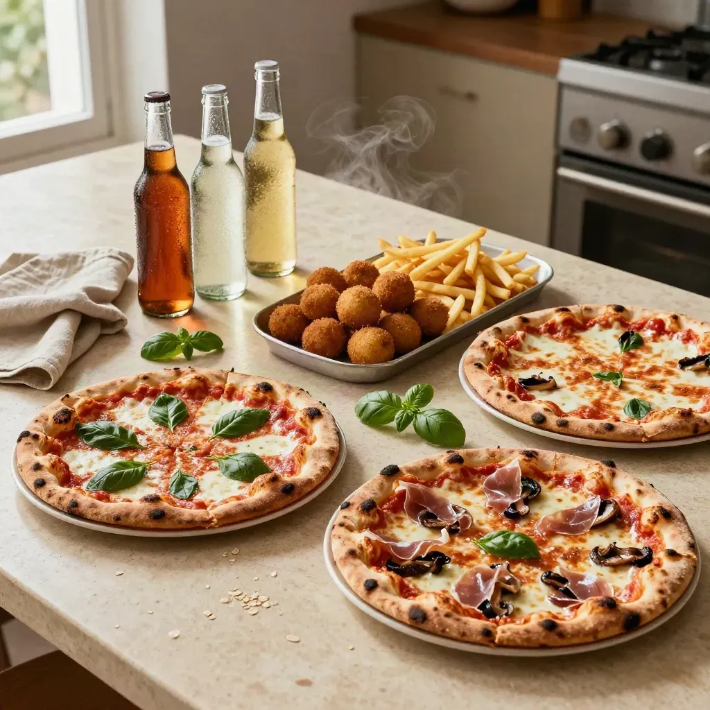 Tavolo in pietra con due pizze, fritti e quattro bottiglie fredde, luce calda di finestra.