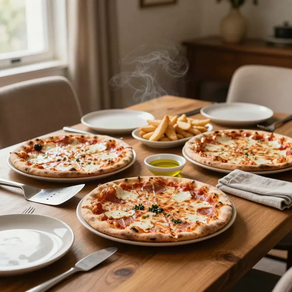 Tre pizze fumanti e fritti su un tavolo di legno pronto per la cena di casa.