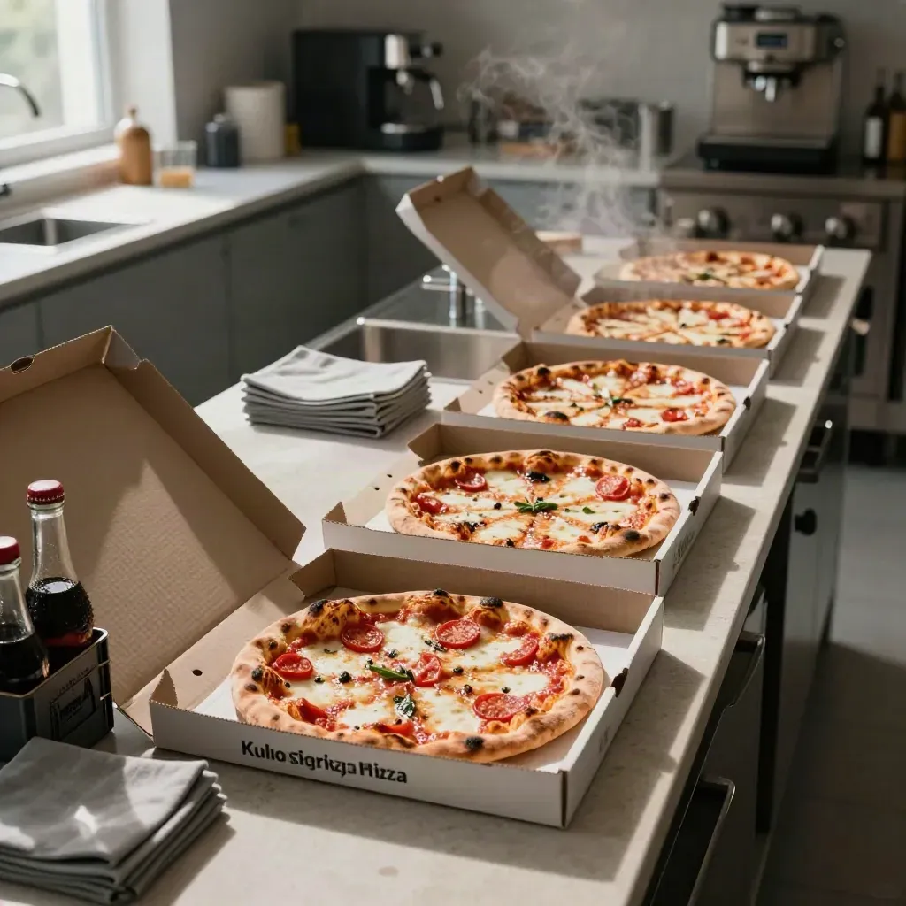 Otto pizze pronte su un banco office con cassetta bevande e tovaglioli, luce calda e vapore.