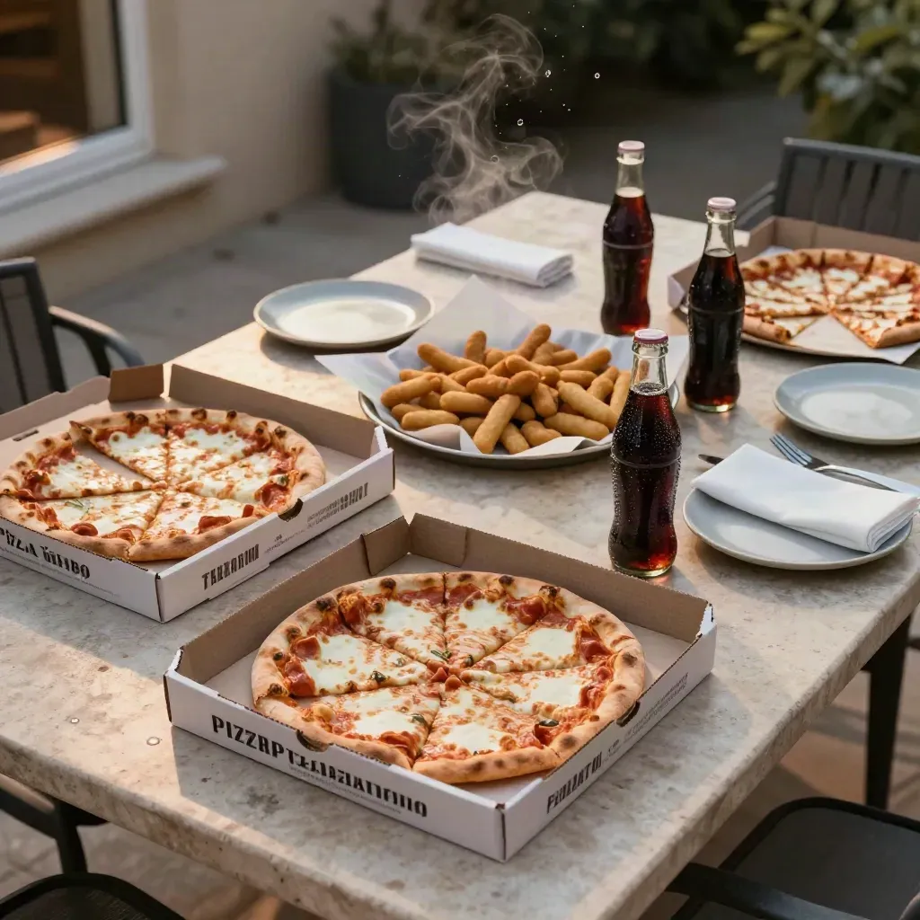 Tavolo in terrazza con pizze, fritti e bibite al tramonto, atmosfera festiva.