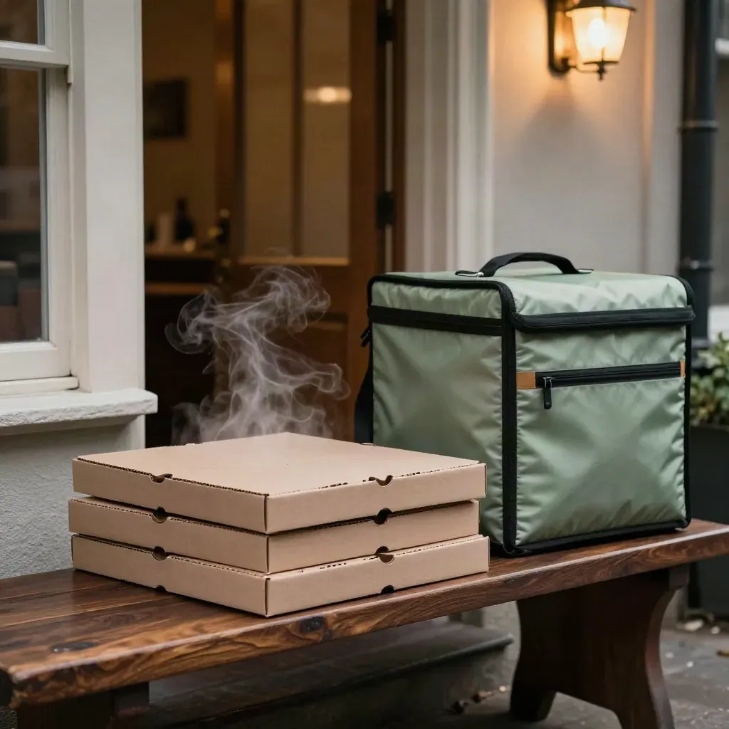 Tre scatole pizza fumanti e borsa delivery su panca d’ingresso illuminata, sera di quartiere.