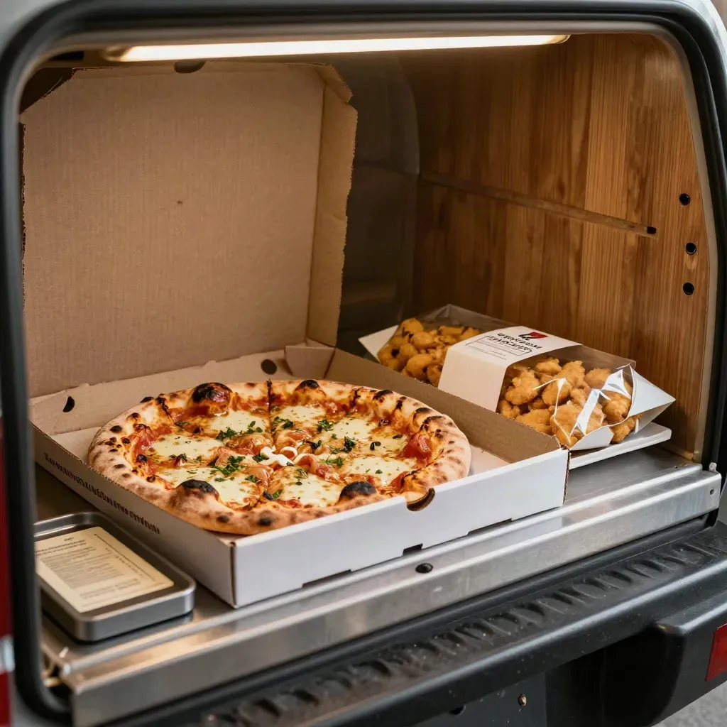 Due pizze gourmet e un fritto misto pronti sullo scaffale ritiro di una pizzeria, luce calda.