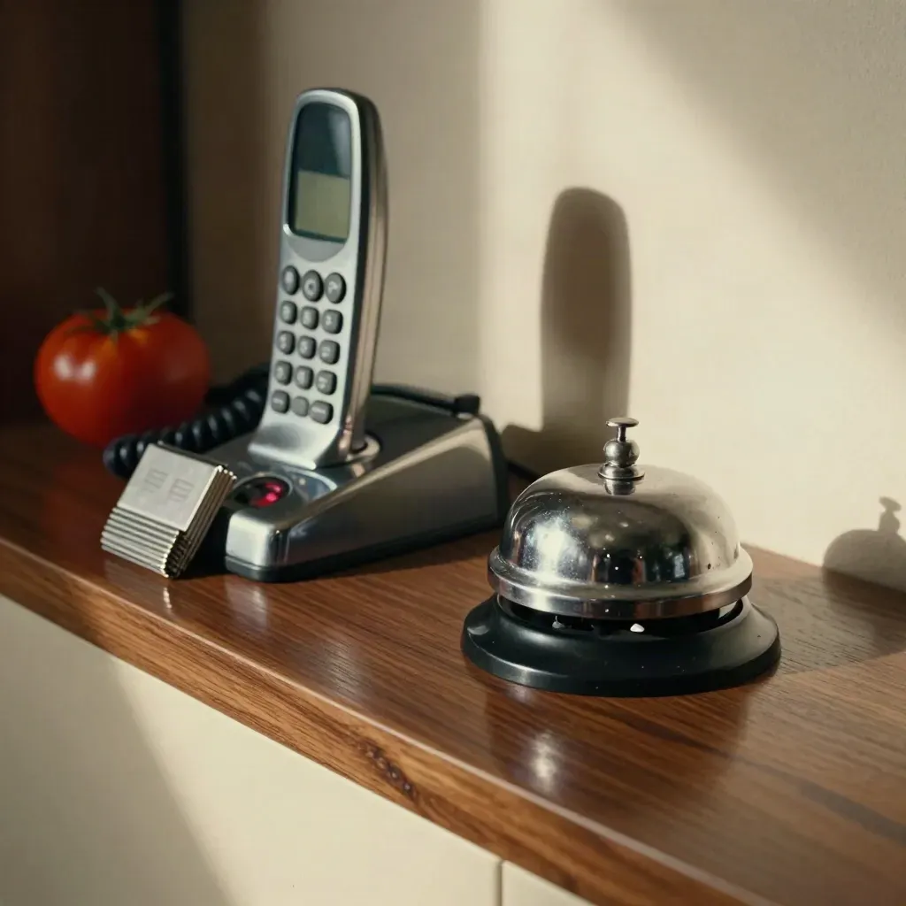 Telefono cordless, campanello metallico e gettoni d’ordine su banco in legno scuro