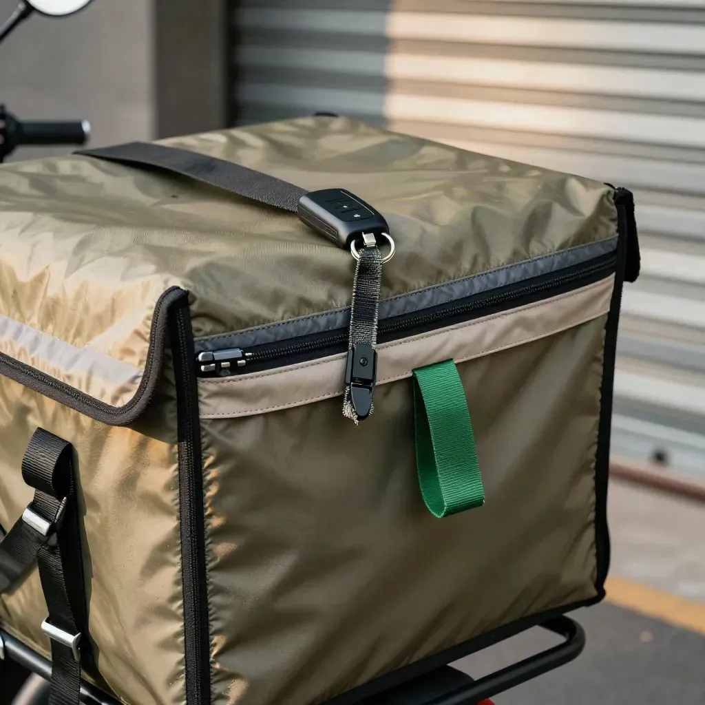 Dettaglio ravvicinato di una borsa termica per consegne con chiusura e chiavi dello scooter.