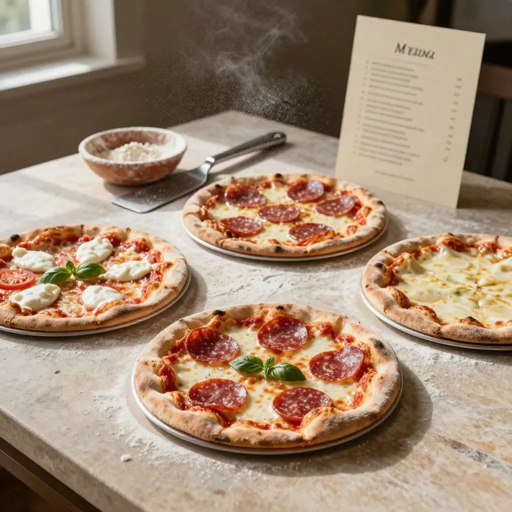 Tre mini pizza assortite, farina e spatola su pietra chiara.
