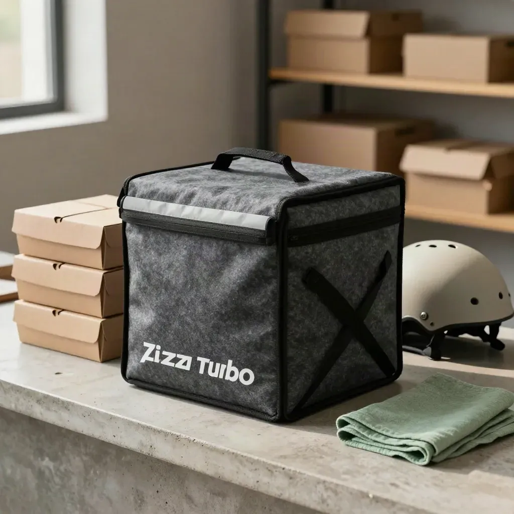 Fattorini con borsa termica, caschi e scatole pizza su vassoio di pietra.