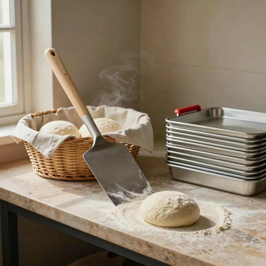 Pala da pizza infarinata, cesta di lievitazione, palline d'impasto e teglie su pietra chiara.