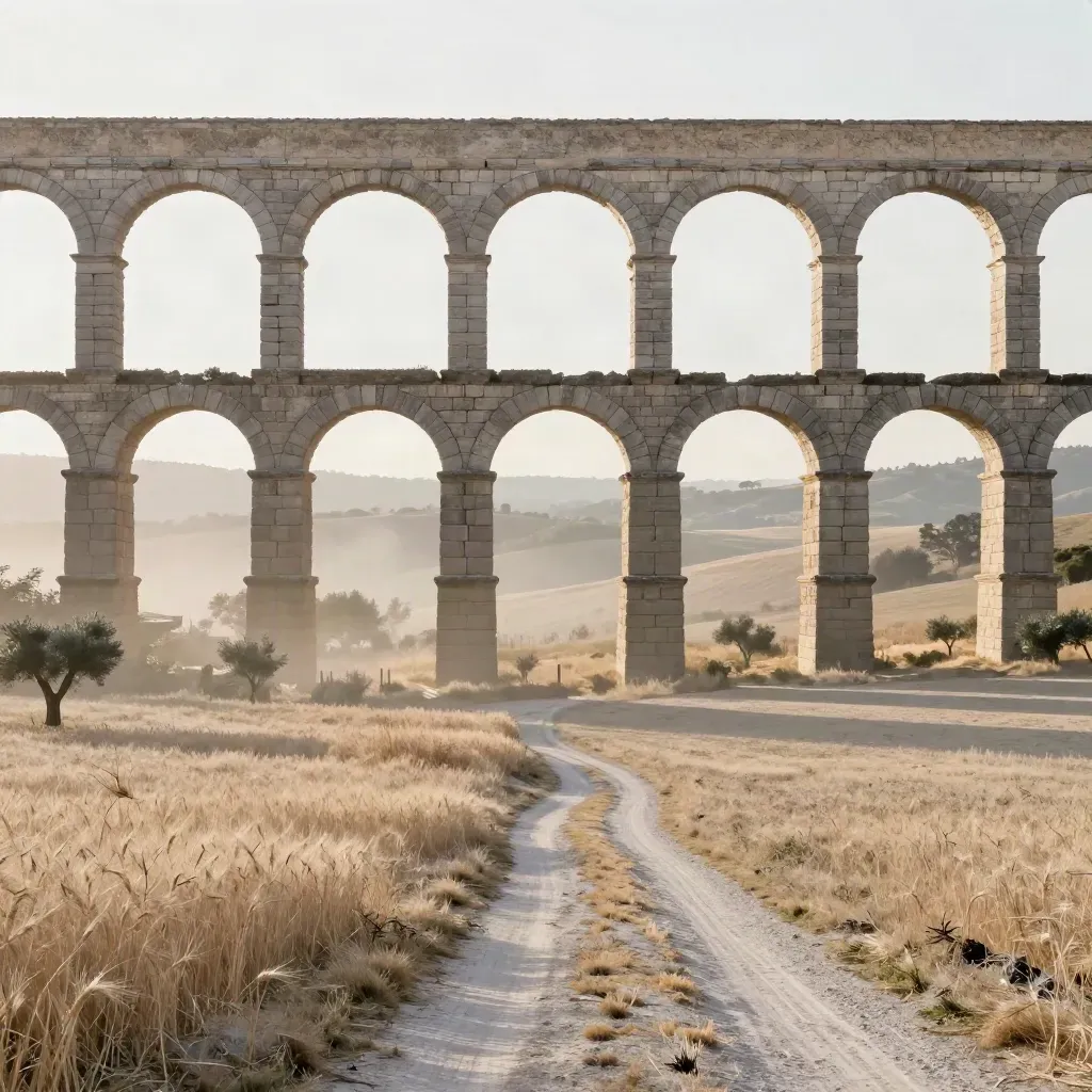 Acquedotto romano sopra la campagna laziale avvolta dalla luce dorata del mattino