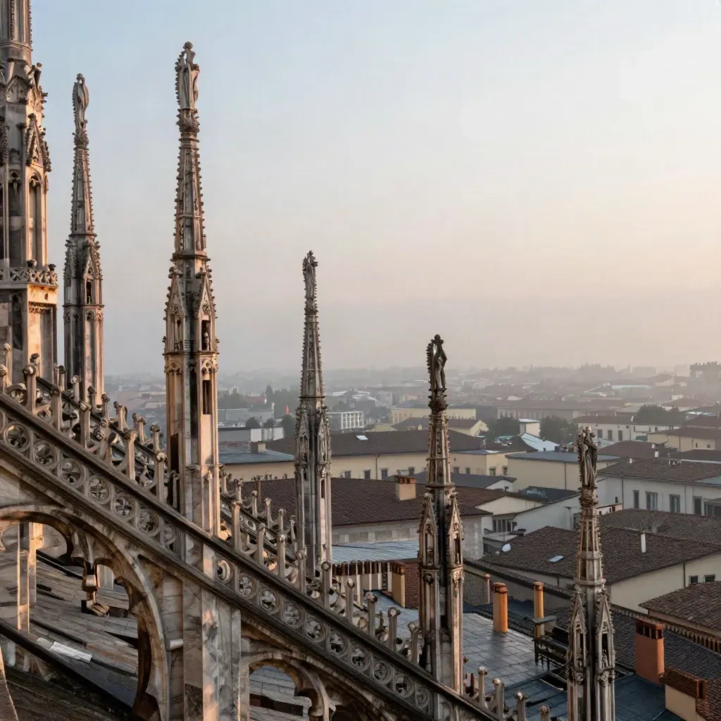 Il Duomo di Milano emerge dalla nebbia sopra i tetti chiari all’alba.