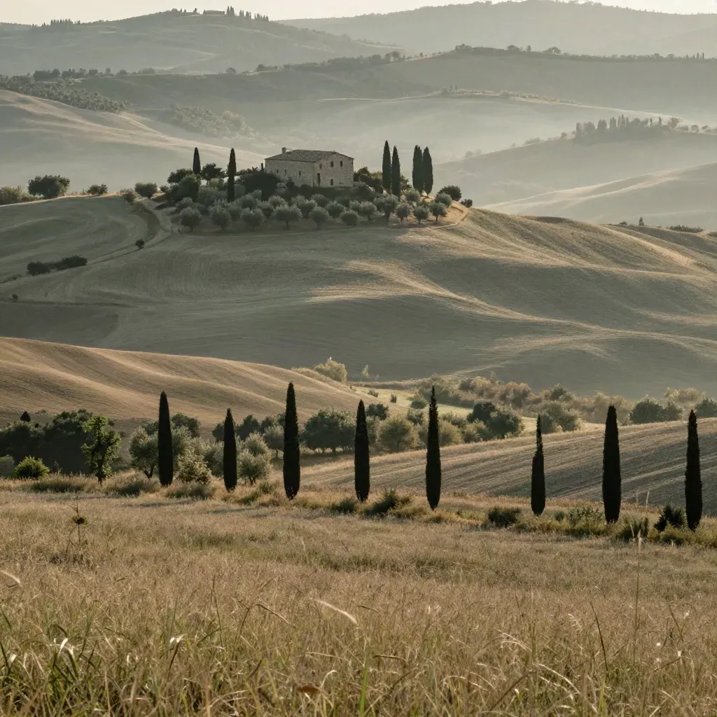 Colline toscane con cipressi, fattoria al sole e foschia calda