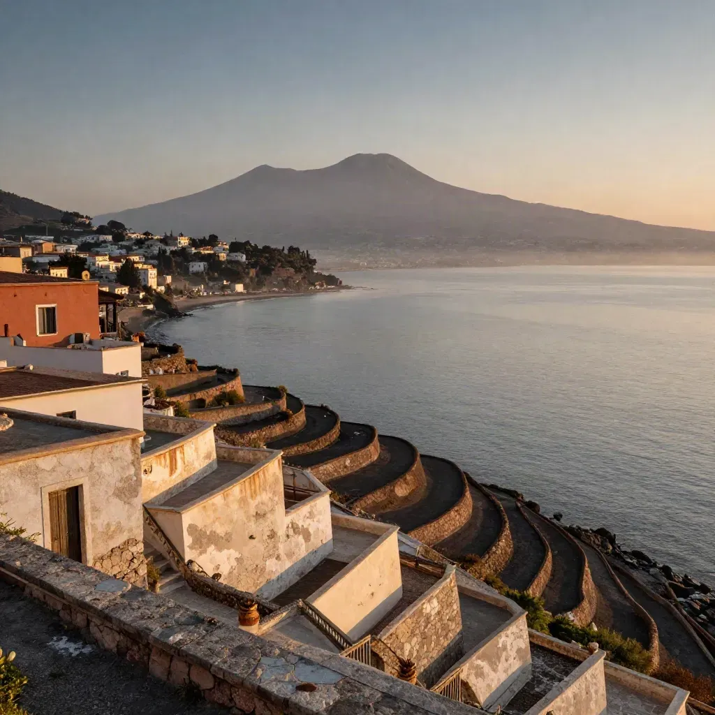 Golfo di Napoli al tramonto con Vesuvio lontano e costa terrazzata in foschia