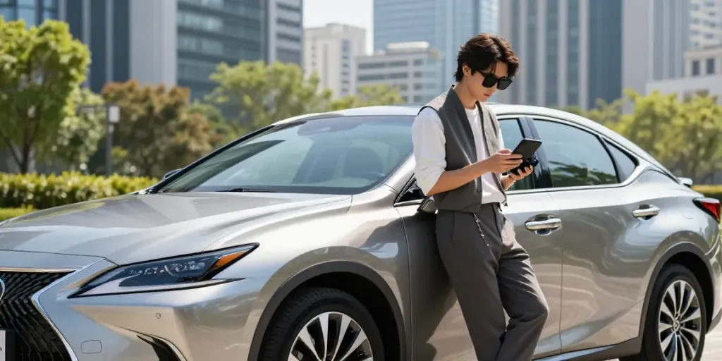 Noleggio lungo termine Lexus in un ambiente urbano, persona alla moda accanto a un'auto Lexus moderna.